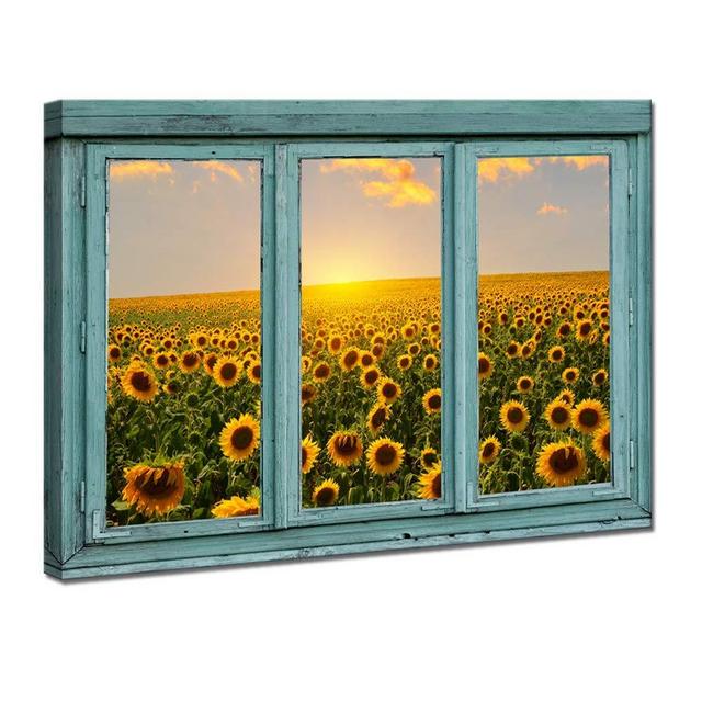 iKNOW FOTO Canvas Prints Wall Art Vintage Teal Window Looking Out Into Sunflower Pictures Warm Color Sunrise in The Field Landscape Painting Print Art Work for Living Room Decor 24x36inch