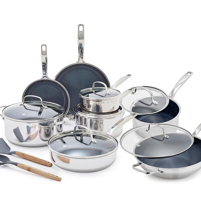 Blue Diamond Hybrid Nonstick Stainless Steel 16 Piece Cookware Set, Tri-Ply PFAS-Free Ceramic Diamond Bond Pots & Pans, Dishwasher & Oven Safe to 850F, Induction Ready, Metal Utensil Safe, Silver