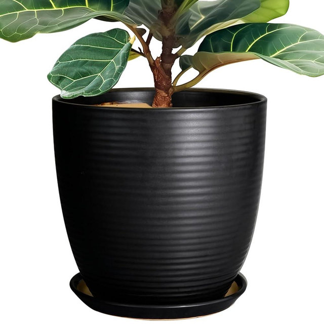 EPFamily 12 Inch Pots for Plants - Ceramic Planter Pot, Large Flower Pot with Drainage Hole and Saucer for Home Patio Garden Office Indoor Outdoor, Black