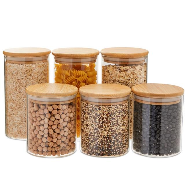 Juvale Set of 6 Glass Storage Containers with Airtight Bamboo Lids, Food Storage Glass Jar Canisters for Kitchen Pantry, 2 Sizes
