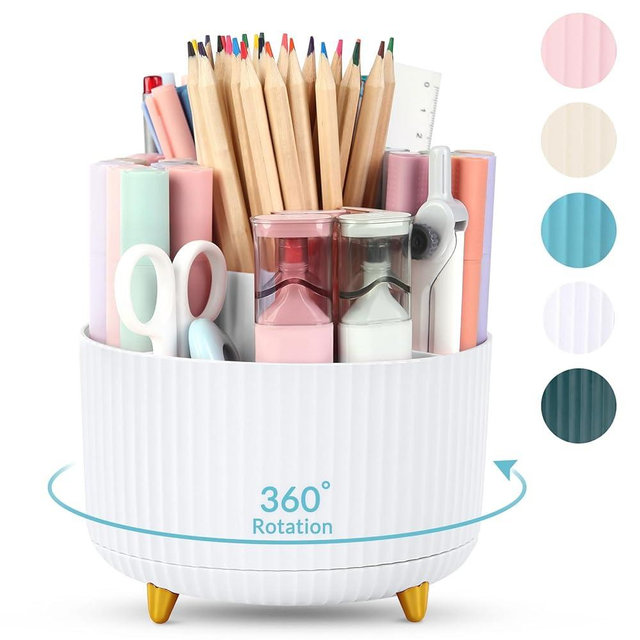 SKYDUE 360 Rotating Organizer - Dual-Purpose Pen & Pencil Holder with 5 Slots, Suitable for Office, School, or Home (White)