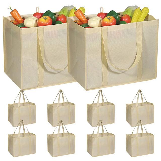 10 Pack Reusable Grocery Bags Extra Large Super Strong Heavy Duty Shopping Tote Bags with Reinforced Handles, Beige