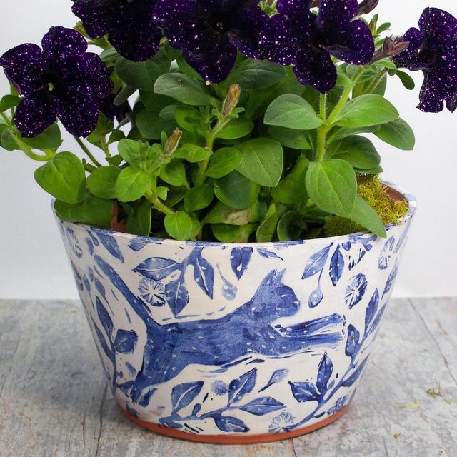 Large Planter,Blue and White Glaze,Cat in the Garden,Wheel Thrown TerraCotta Pot,Decorated All Around Planter with Handmade Stamps,Cat Lover