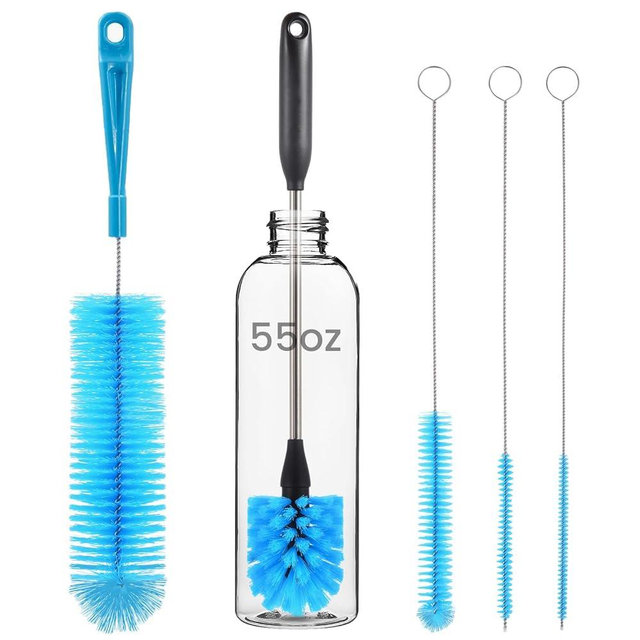 5 Pack Bottle Brush Cleaner, Straw Cleaner Brush & Water Bottle Brush,15in Stainless Steel Long Bottle Brush, 3 Straw Brushes, 3-in-1 Bottle Cleaning Brush for Water Bottle, Coffee Mugs, Straws-Blue
