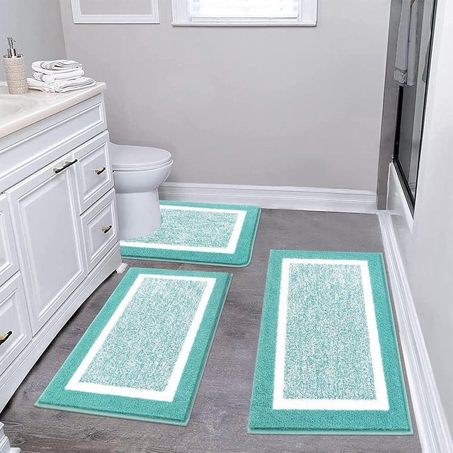 Pauwer 3-Piece Bathroom Shower Rug Set with U-Shaped Contour Toilet Mat, Absorbent Microfiber Plush Bath Mats, Non-Slip, Machine Washable Shaggy Bathroom Floor Mats, Teal