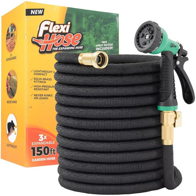 Flexi Hose Expandable Garden Hose with 8 Function Nozzle, 150FT - Lightweight Retractable Garden Hose, Water Hose - No-Kink Flexibility, 3/4 Inch Solid Brass Fittings and Double Latex Core