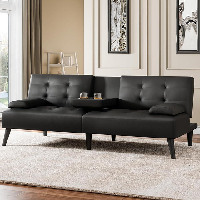Meilocar 64" Futon Sofa Bed, Small Loveseat with 2 Cup Holders, Small Couch with 3 Adjustable Angles & Removable Armrest, Modern Sleeper Sofa for Small Space (PU Leather, Black)
