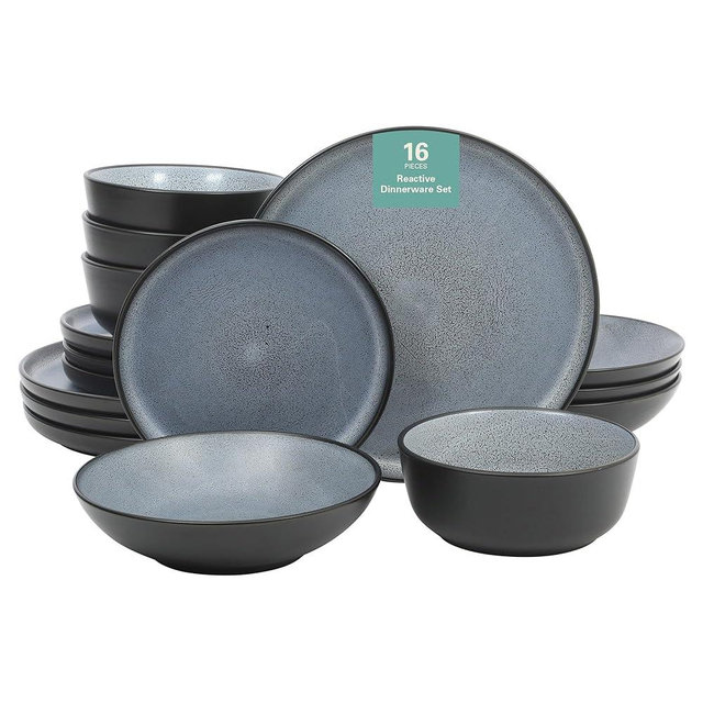 Gibson Elite Tribeca Loft 16-Piece Dinnerware Set – Matte Black and Blue Reactive Glaze Stoneware, Double Bowl Round Plates and Bowls – Modern Rustic Dinnerware for 4, Dishwasher & Microwave Safe
