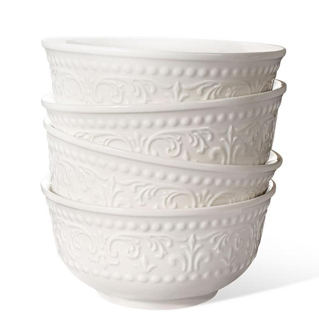 Wareland Cereal Bowls Set of 4 - Ceramic Soup Bowls for Kitchen 30 Oz Embossment White Breakfast Bowls for Rice, Pasta, Fruits, Salad, Ramen, 6.25 Inch, Dishwasher & Microwave Safe (Brocade Flower)