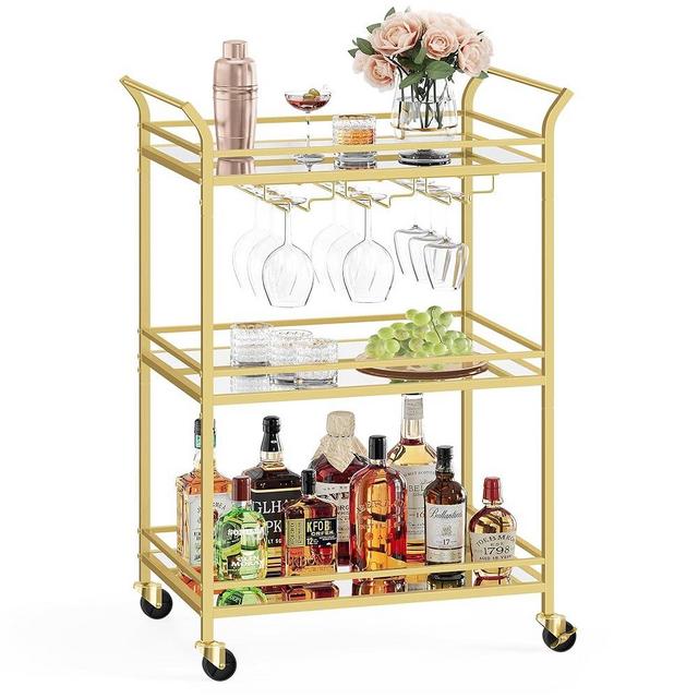 VASAGLE Bar Cart, Home Bar Serving Cart, Small Bar Cart with 3-Tier Shelf, Wine Holders, Glass Holders, Bar Cart for Small Spaces, Kitchen, Living Room, 15 x 23.6 x 36.2 Inches, Gold ULRC100A01