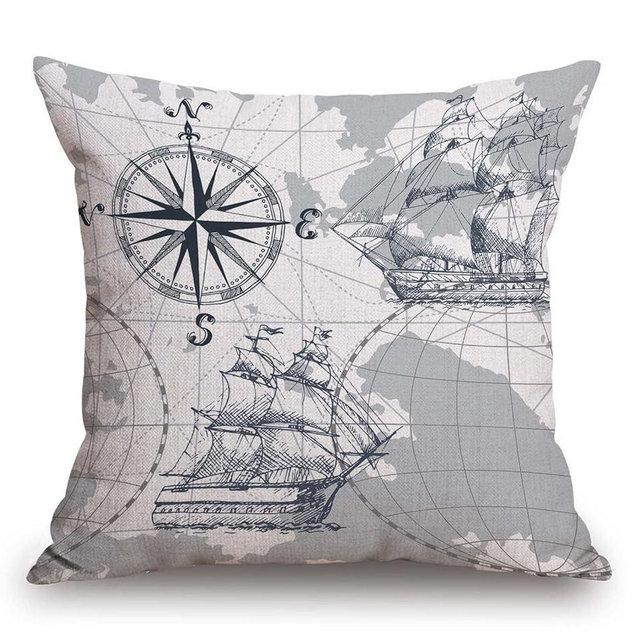 TSSOHU Nautical Sailboat Map Throw Pillow Cover Ship Anchor Cotton Linen Decorative Pillow Case Cushion Cover Home Sofa Decor 18x18 Inch Pillow Cover