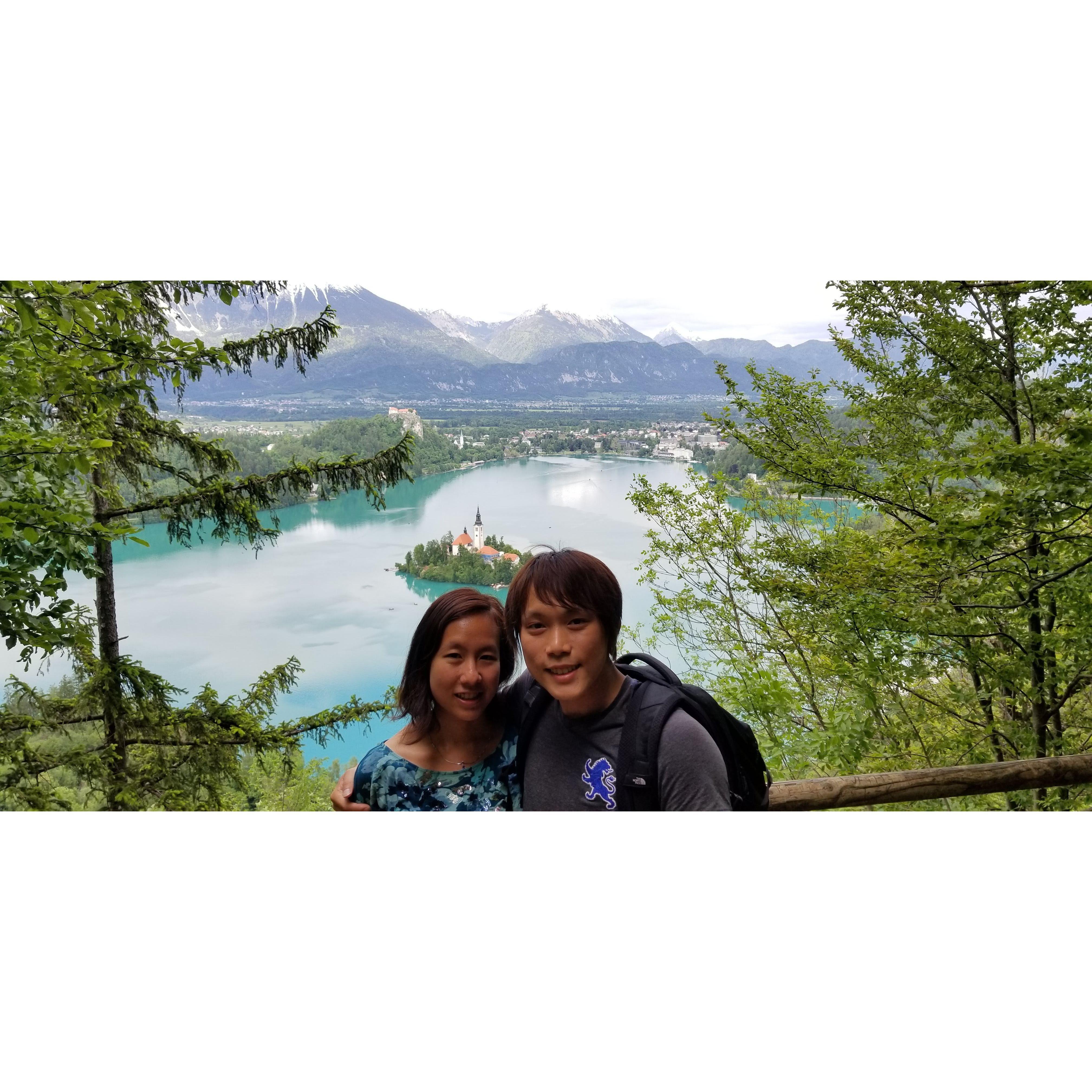 Slovenia 2019. Monica wore a cute top, which was horribly inappropriate for the steep, unforgiving hike that was required to make it to this spot where the picture was taken