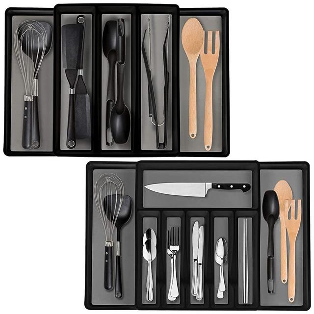 Eltow Expandable In Drawer Cutlery Organizer & Utensil Tray Set - 2 Kitchen Storage Trays For Flatware, Silverware, Cooking Utensils & More- Multipurpose Organizer For Kitchen & Office Supplies -Black