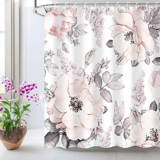 LIVILAN Pink Gray Flower Shower Curtain, Watercolor Floral Shower Curtains with Hooks White Grey Fabric Blossom Bathroom Decor Machine Washable, 72" W x 72" H