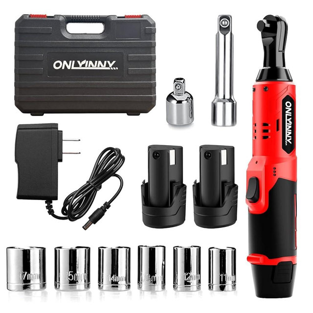 OnlyinNY 3/8" Electric Ratchet Wrench with LED Light,12V Cordless Power Ratchet Wrench Set with 1/4" Adapter, Extension Bar, 6 Sockets, 2 Batteries & Fast Charger for Car Repair, Home DIY (57N.m)