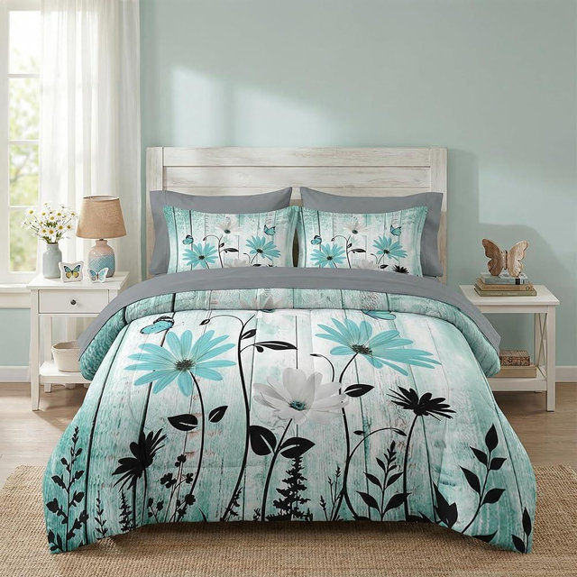 Nesker Comforter Set Queen Size, Turquoise Teal Daisy 7 Pcs Bedding for Kids and Adults, Botanical Floral Modern Bed Sheet Sets with Fitted Sheet 2 Pillowcases & 2 Shams