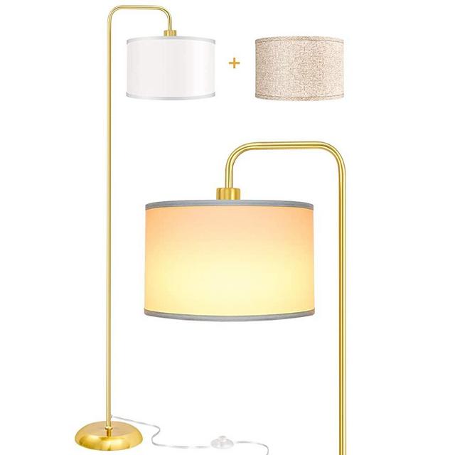 LED Floor Lamp for Living Room, PARTPHONER Modern Standing Lamp with 2 Hanging Shades (White/Oatmeal), Classic Standing Lamp with Foot Switch Simple Basic Floor Lamp for Living Room Bedroom, Gold