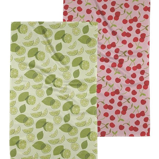 GEOMETRY Kitchen Tea Towel - Quick Dry Microfiber Cloth Dish Towels for Kitchen Drying - Premium Quick Dry Towel - Cheery Cherries + Limes (Cherry Limeade 2-Pack Set)