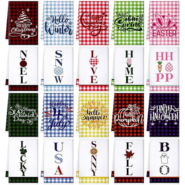 FuWeave 20 Pcs Seasonal Kitchen Towels Decorative Set Halloween Christmas Winter Valentines Day Holiday Hand Dish Towels 16 x 24 Inch Tea Towels Cute Dishcloths Wash Cloths with Hanging Loop(Plaid)