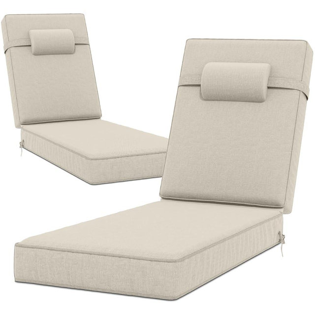 72 x 21 x 4 Inch Olefin Chaise Lounge Cushions, Lounge Chair Cushions with Headrest for Outdoor Furniture - Weather and Fade Resistant Patio Replacement Furniture Lounge Chair Cushion Set of 2