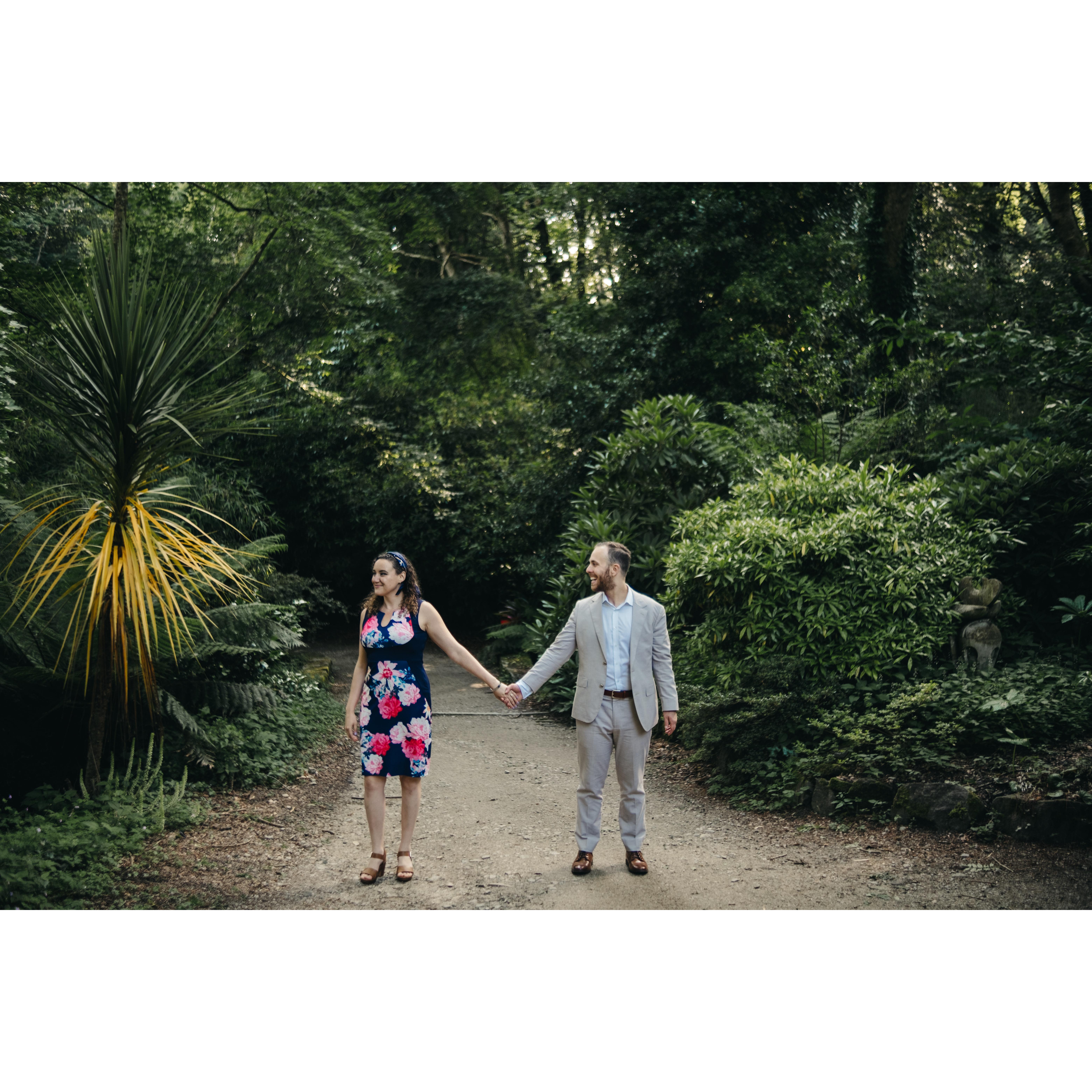 In the Tremenhere Sculpture Gardens in the UK after Sean proposed.