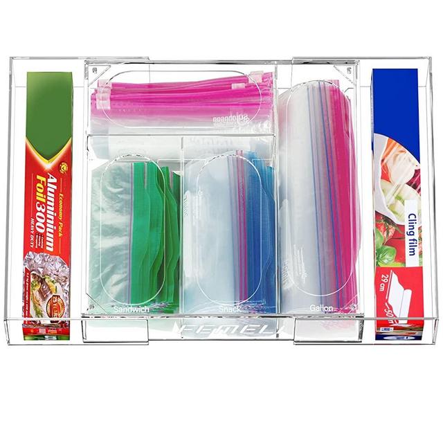 FEMELI Ziplock Bag Storage Organizer, Expandable Kitchen Drawer Baggie Holder, Acrylic Food Plastic Wrap Dispenser, Compatible with Gallon, Slider Quart, Sandwich, Freezer & Snack Size Bag, Fits for 12'' Aluminum Tin Foil and Wax Paper