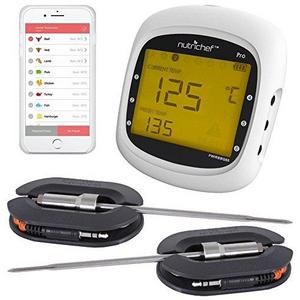 Smart Bluetooth BBQ Grill Thermometer - Digital Display, Stainless Dual Probes Safe to Leave in Outdoor Barbecue Meat Smoker - Wireless Remote Alert iOS Android Phone WiFi App - NutriChef PWIRBBQ80