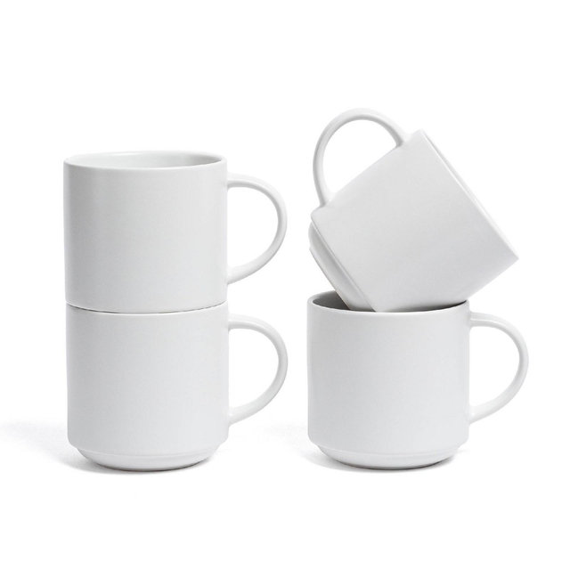 over&back Set of 4 14oz Stackable Hand-Finished Stoneware Mugs Semi-Matte White: Microwave & Dishwasher Safe, BPA-Free