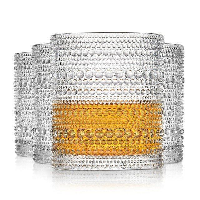 WANYISHUN Set of 4 Hobnail Drinking Glasses,12 Oz Romantic Water Glasses, Clear Embossed Design Vintage Glassware, Cocktail Glasses, Beaded Drinking Glasses for Water, Beer, Juice(12oz+3.5")