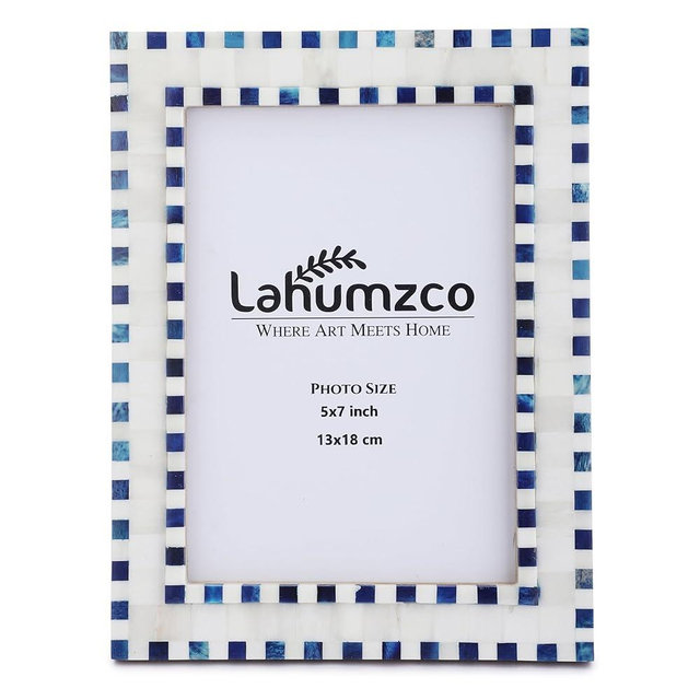 Lahumzco Bone Picture Photo Frame Checkered Pattern Beading Art Inspired Vintage Table-Top/Wall Décor Handmade Frames (5x7 Inches, Blue,White)