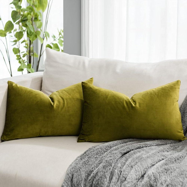 QUAFOO Olive Decorative Lumbar Velvet Throw Pillow Covers 12x20 inch Set of 2 with Zipper Luxury Soft Solid Rectangle Cushion Covers Case for Sofa Couch Bed Living Room