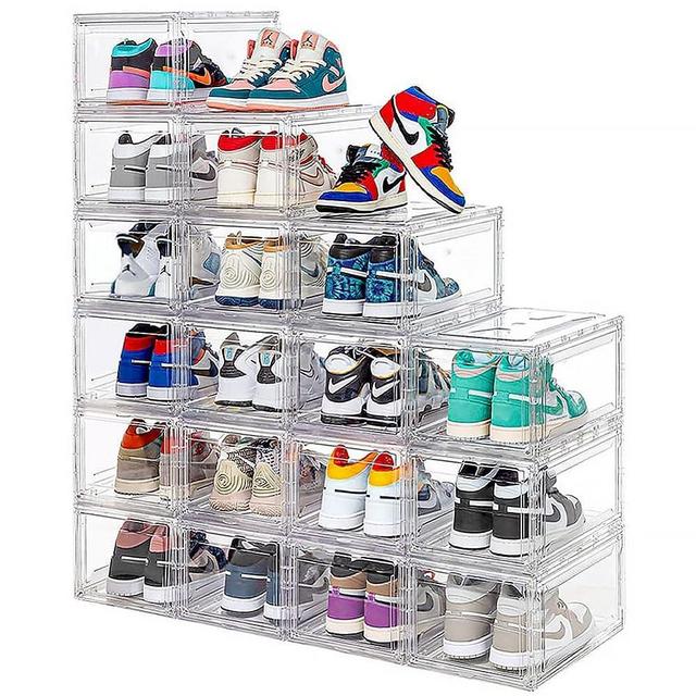 12 Pack Acrylic Clear Shoe Boxes– Ultra Clear Plastic Stackable Sneaker Storage For Sneakerhead. Professional Grade Shoe Display Case with Magnetic Door .Boots and Hat Organizer.Fits US Size 15