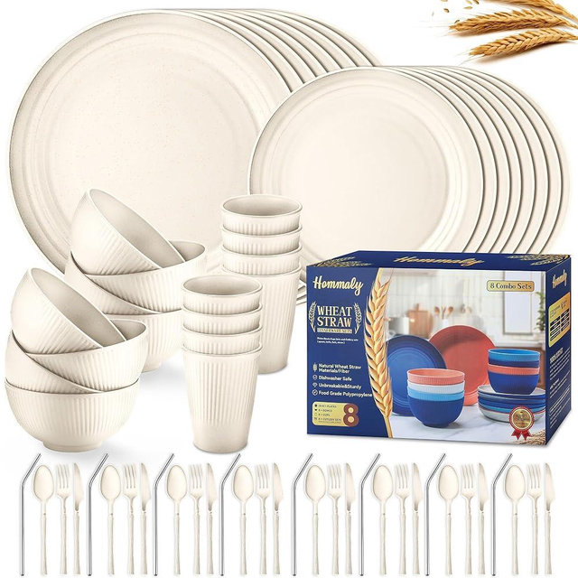 Wheat Straw Dinnerware Sets,64-Piece Beige Plates and Bowls Sets for 8-Unbreakable,Reusable Plastic Dish Set-Dinner Plate/Dessert Plate/Cereal Bowl/Cup/Utensils-Microwavable Dishwasher Safe 64P-Beige