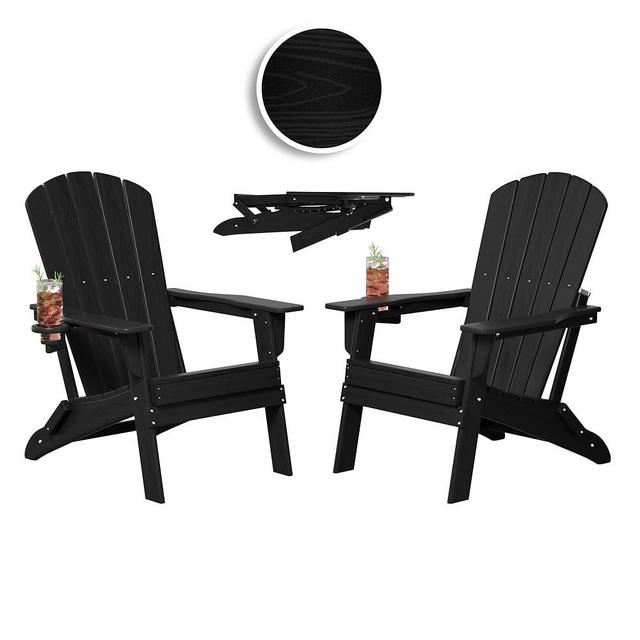 Plawdlik Folding Adirondack Chair, Cup Holder, SGS Tested, Wooden Textured，Heavy All-Weather HDPE Comfortable Set Poolside Backyard Lawn Black Set 2