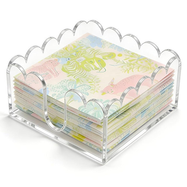 LIOIFIR Scalloped Acrylic Napkin Holder - Clear Square Cocktail Napkin Holder for Table, Chic Wavy Edge Paper Dispenser for Bar, Kitchen & Beverage, with 8 Non-Slip Pads (5.91 × 5.91 × 2.36 inches)