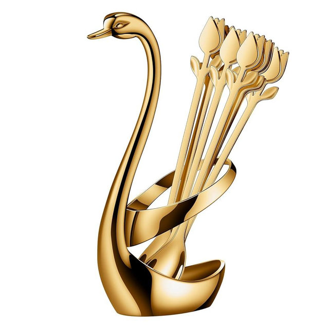 SGVRPVZ Gold Small Coffee Spoon Holder Set,Swan Base With 12 Pcs Demitasse Espresso Spoons Set,6" Mini Tulip/Rose Dessert Spoon,Stainless Steel Tea Spoons