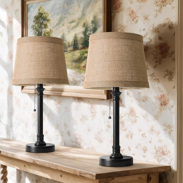 Oneach 19.5” Table Lamps Set of 2, Pull Chain Switch Bedside Table Lamps, Farmhouse Nightstand Lamp with Unique Natural Shade, Small Lamp for Living Room, Bedroom, Home Office, Nursery