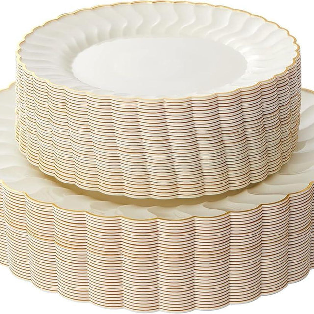 Lullaby 96PCS Ivory Scalloped Plastic Plates with Gold Rim, Disposable Elegant Plates Include 48pcs Dinner Plate 10.25", 48pcs Dessert Plate 7.5", Perfect for Daily Use, Wedding and Party