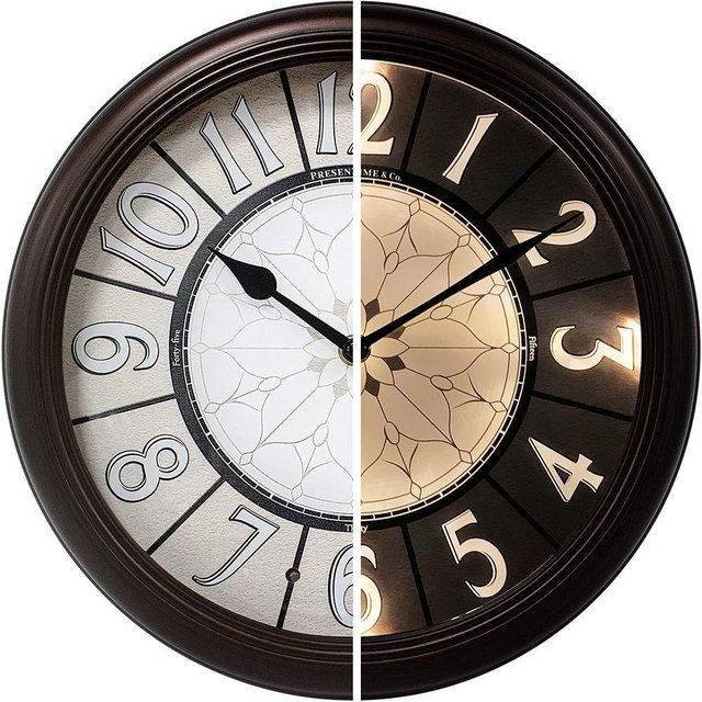 PresenTime & Co 12.6" Luminous Farmhouse Clock, Silent no Ticking, Oil Rubbed Bronze Finish, Vintage Style, Lighted Clock with Smart Sensor