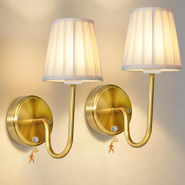 JDCQKHA Cordless Motion Sensor Wall Sconce Set of 2, Rechargeable Wireless Wall Lamp with 5200mAh Battery, Dimmable Fabric Wall Sconce Light with Switch and Remote for Living Room Bedroom Hallway