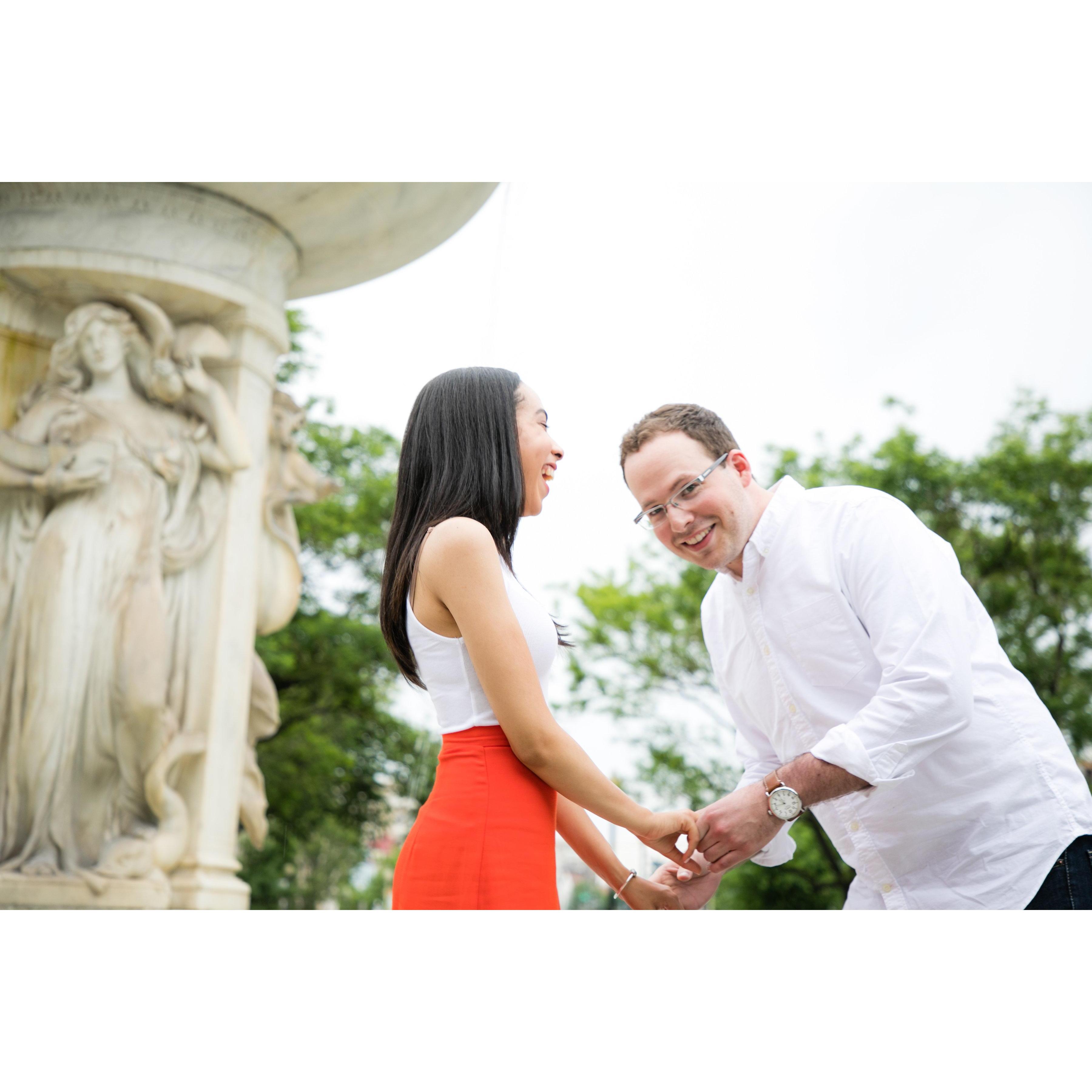 Photographer: " Dan can you get on your knees and  pretend you are going to ask Erika for Marriage"
Dan: "Of course, this will make a great shot for your portfolio"
Erika: (Nervous Laugh)