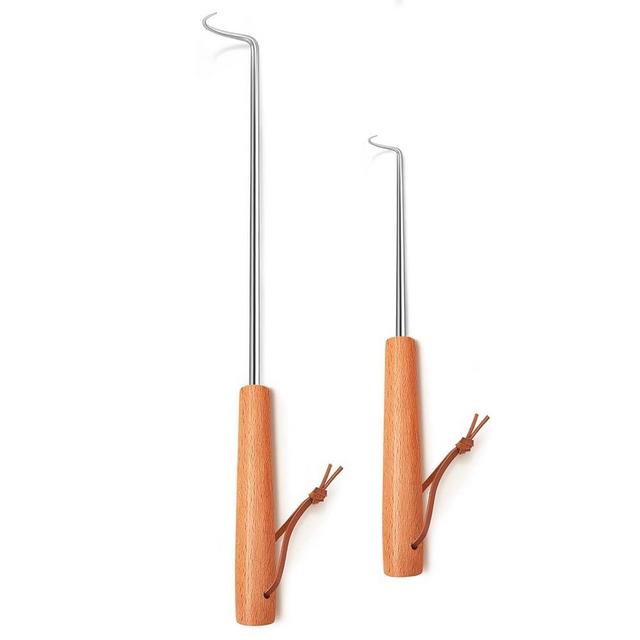 Pigtail Food Flipper Set of 2, Joyfair Stainless Steel Meat Hook & Turner Grill Tools for Outdoor BBQ Grilling & Kitchen Frying, Right Handed, Great Replacement to Tongs (12” & 17”, Wooden Handles)