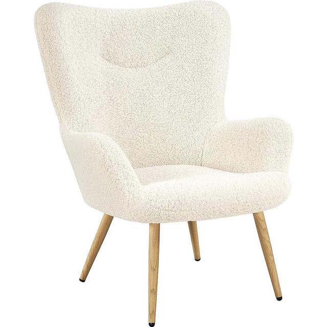 Yaheetech Boucle Accent Chair, Modern Fluffy Sherpa Armchair with High Back and Wood-Tone Metal Legs, Downy Barrel Chair Soft Backrest for Living Room Bedroom Home Office, Ivory
