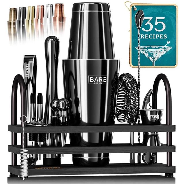 BARE BARREL® Mixology Bartender Kit Bar Set | 14-Piece Cocktail Shaker Set | Martini Barware Mixing Tools for Home Bartending | 35 Recipe Cards | Gift Set (28oz Boston Shaker, Jet Black/Black)