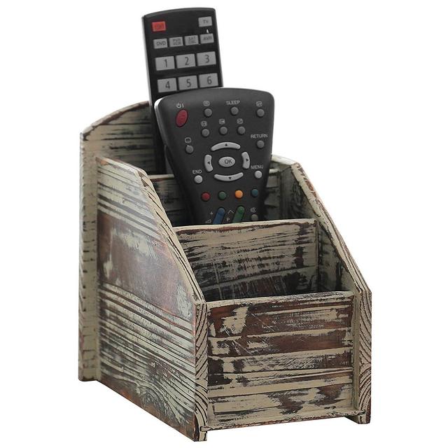 3 Slot Rustic Torched Wood Remote Control Caddy/Media Organizer, Office Supply Storage Rack