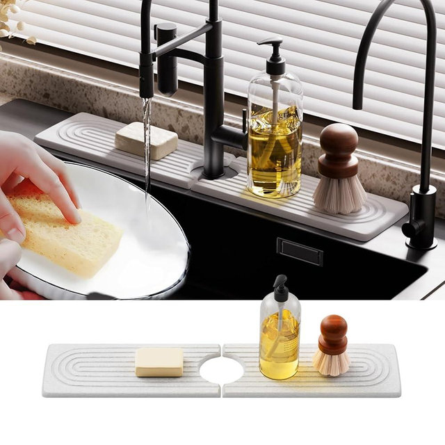 Slow Slog Quick Dry Sink Splash Guard - 15.8" Instant Dry Diatomaceous Earth Sink Faucet Mat for Kitchen and Bathroom Faucets - Highly Absorbent Faucet Mat, White