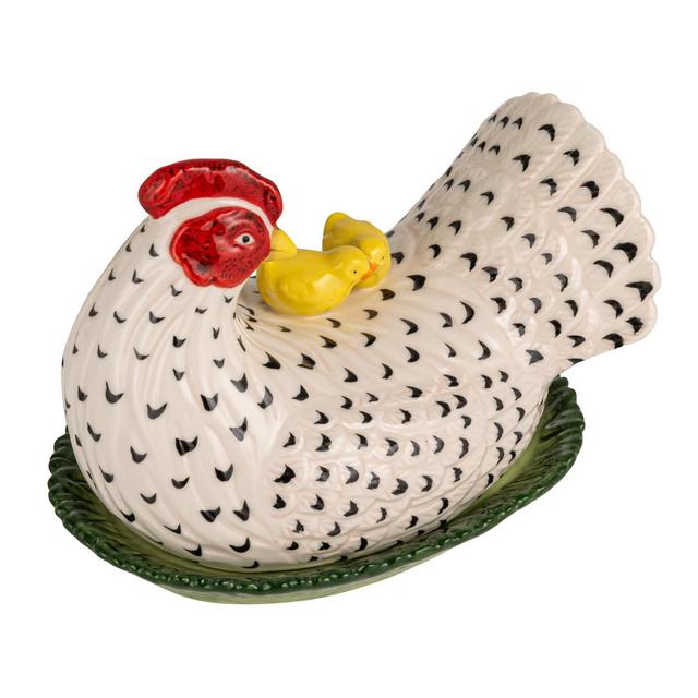 Storied Home Hand-Painted Stoneware Vintage Reproduction Hen Shaped Butter Dish with Chicks, Multicolor