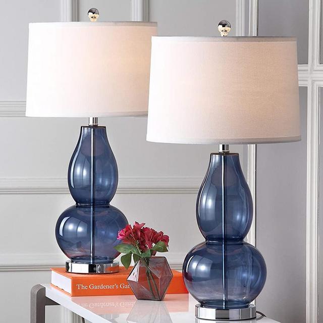 Safavieh Lighting Collection Mercurio Blue Glass Double Gourd 29-inch Bedroom Living Room Home Office Desk Nightstand Table Lamp (Set of 2) - LED Bulbs Included