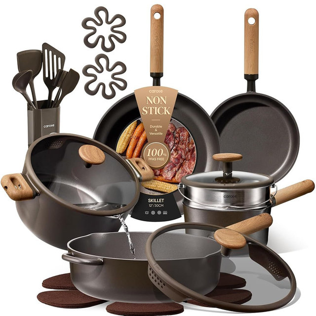 CAROTE Pots and Pans Set Non Stick, 21PCS Cookware Set with Strainer Lid, Induction Cooking Set with Kitchen Utensils, Dark Green