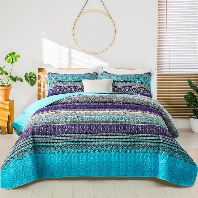 WONGS BEDDING Boho Quilt King Size, Blue Purple Bohemian King Quilt, Lightweight Microfiber Bed Decor Bedspread for All Season 103"x90"(3 Pieces)
